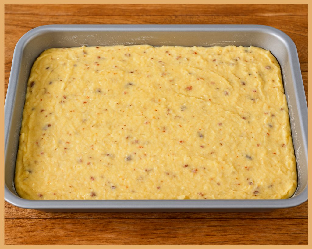 Masa de croquetas de chorizo y morcilla extendida en bandeja para enfriar antes de formar