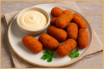 Plato servido con croquetas de chorizo y morcilla acompañadas de alioli de ajo asado y perejil fresco