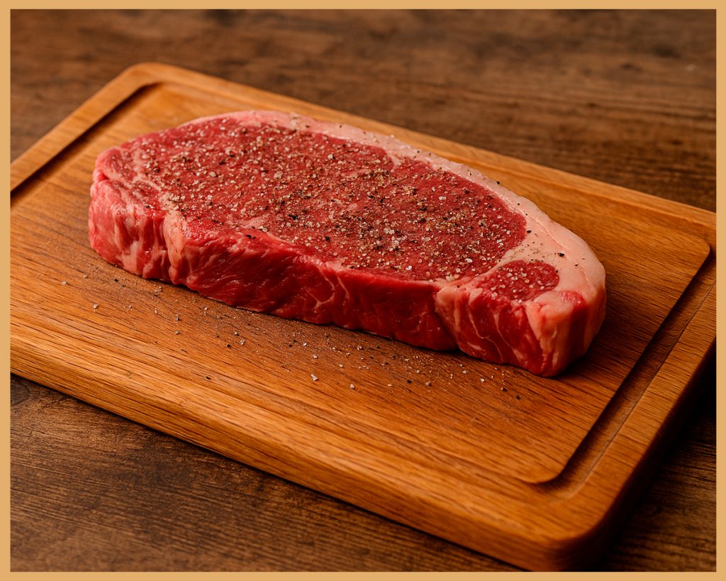 entrecot de ternera Gombao sazonado con sal y pimienta sobre tabla de cocina
