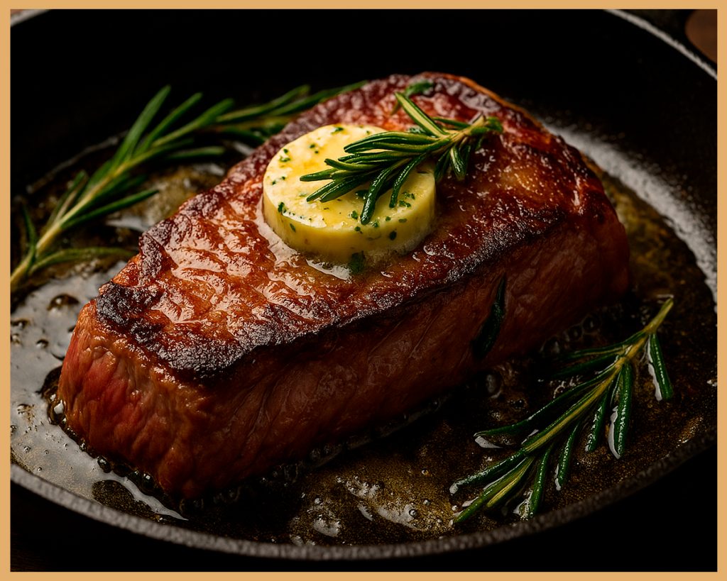 lomo de ternera sellado con mantequilla de hierbas y romero en sartén