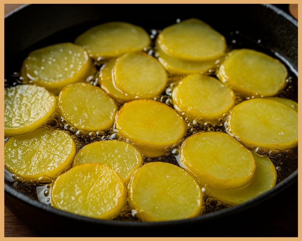 láminas de patata confitada en aceite de oliva sobre bandeja