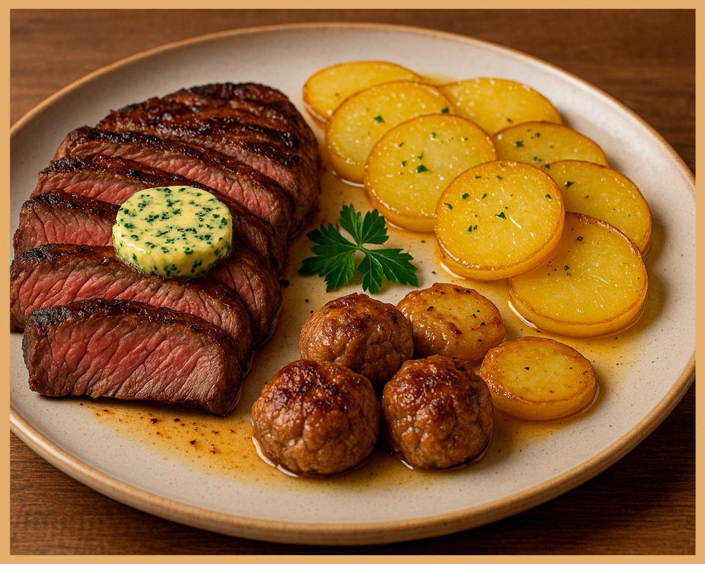 plato servido de entrecot de ternera al horno con mantequilla de hierbas y patatas