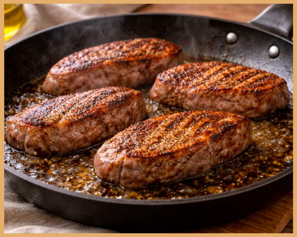 Presa de cerdo ibérico dorándose en sartén a fuego fuerte