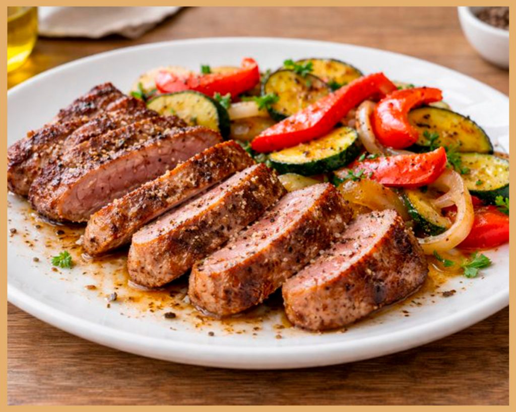 Ingredientes para presa de cerdo ibérico a la plancha con verduras listos para cocinar