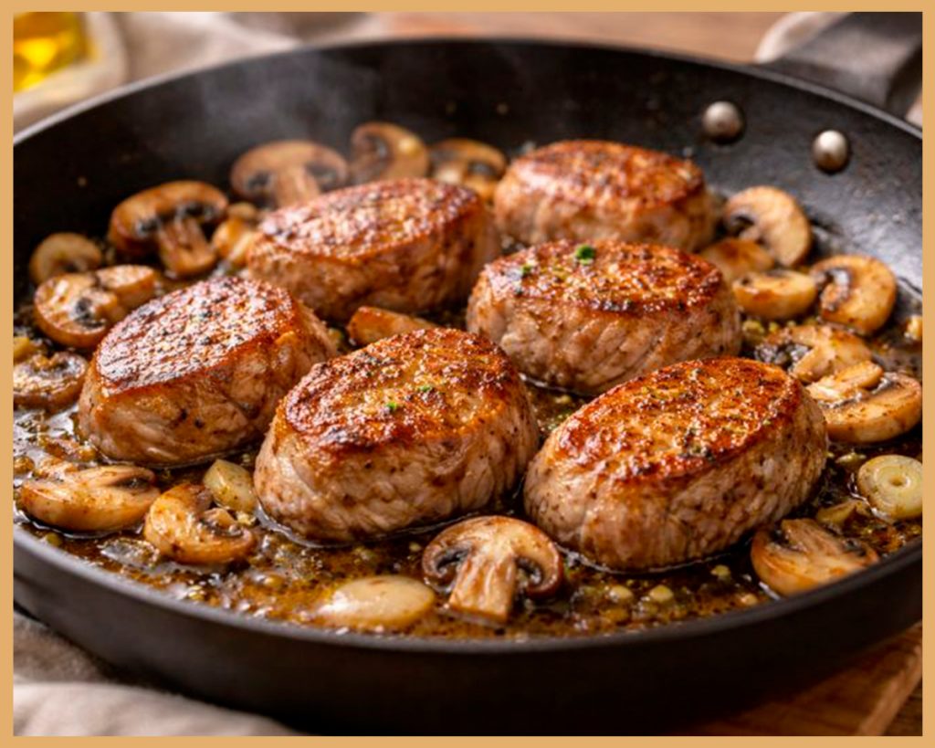 Medallones de solomillo de cerdo dorándose en sartén con ajos y champiñones