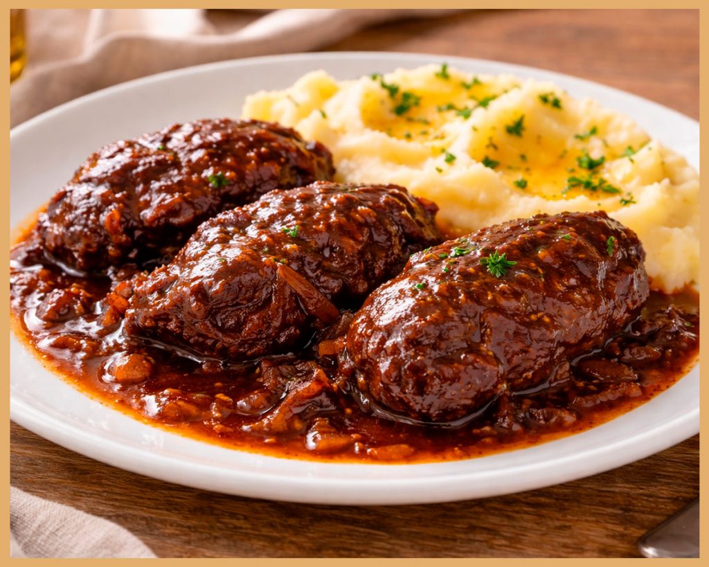 Carrilleras de cerdo guisadas al vino tinto servidas con salsa espesa