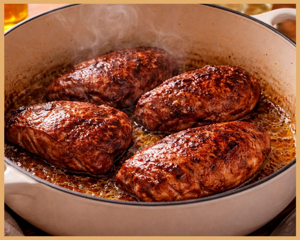 Carrilleras de cerdo sellándose en cazuela antes del guiso