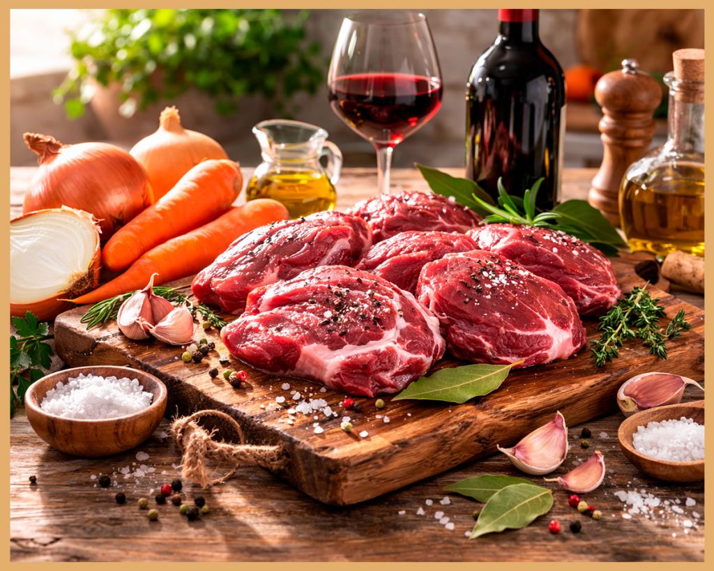 Ingredientes para carrilleras de cerdo guisadas con vino tinto y verduras