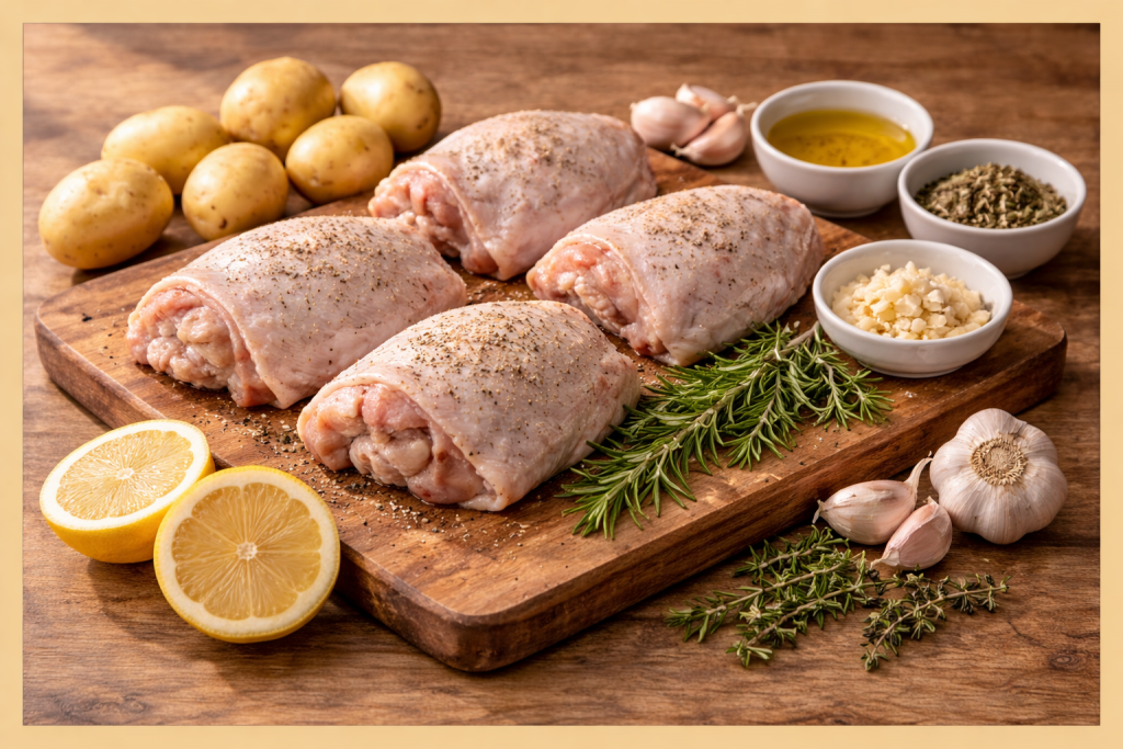 Ingredientes para muslos de pollo al horno con limón, ajo y hierbas