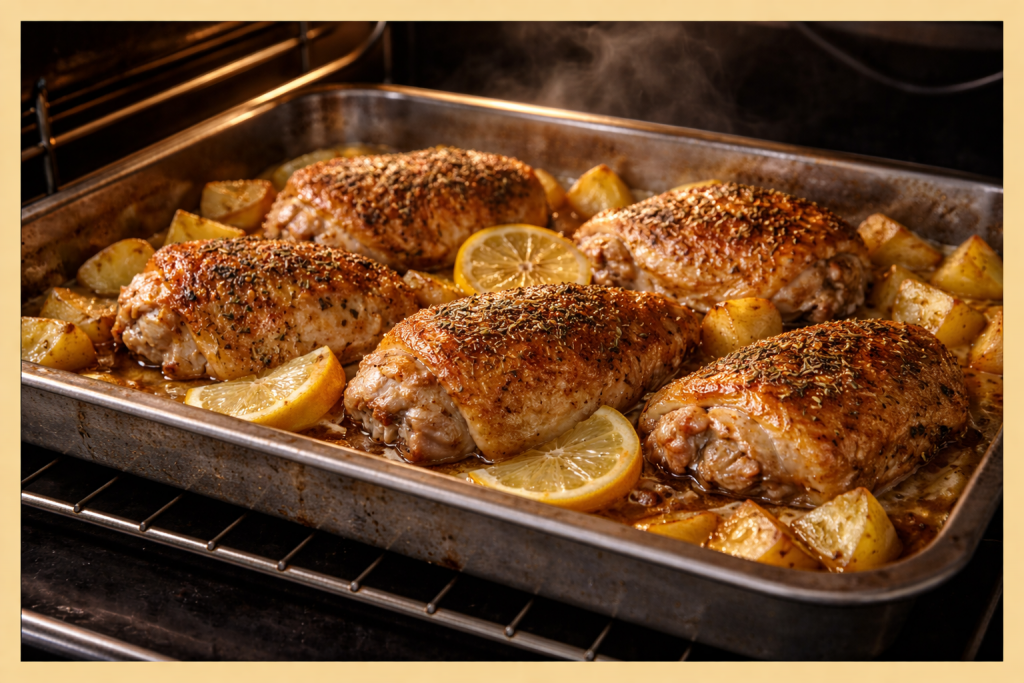 Muslos de pollo asándose en bandeja de horno con limón y patatas