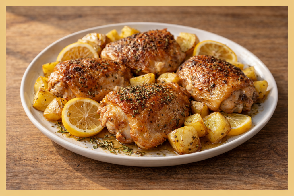 Muslos de pollo al horno con limón y hierbas acompañados de patatas asadas
