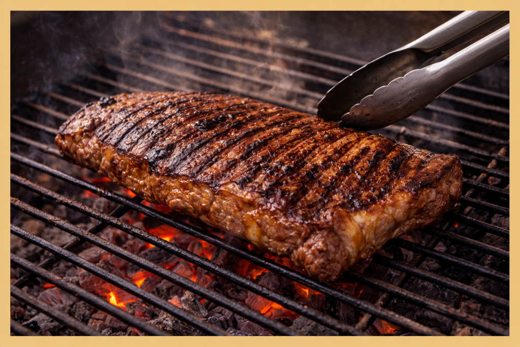 Vacío de ternera a la parrilla sobre brasas con marcas de sellado visibles