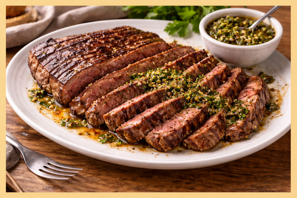 Vacío de ternera a la parrilla cortado en tiras con chimichurri casero